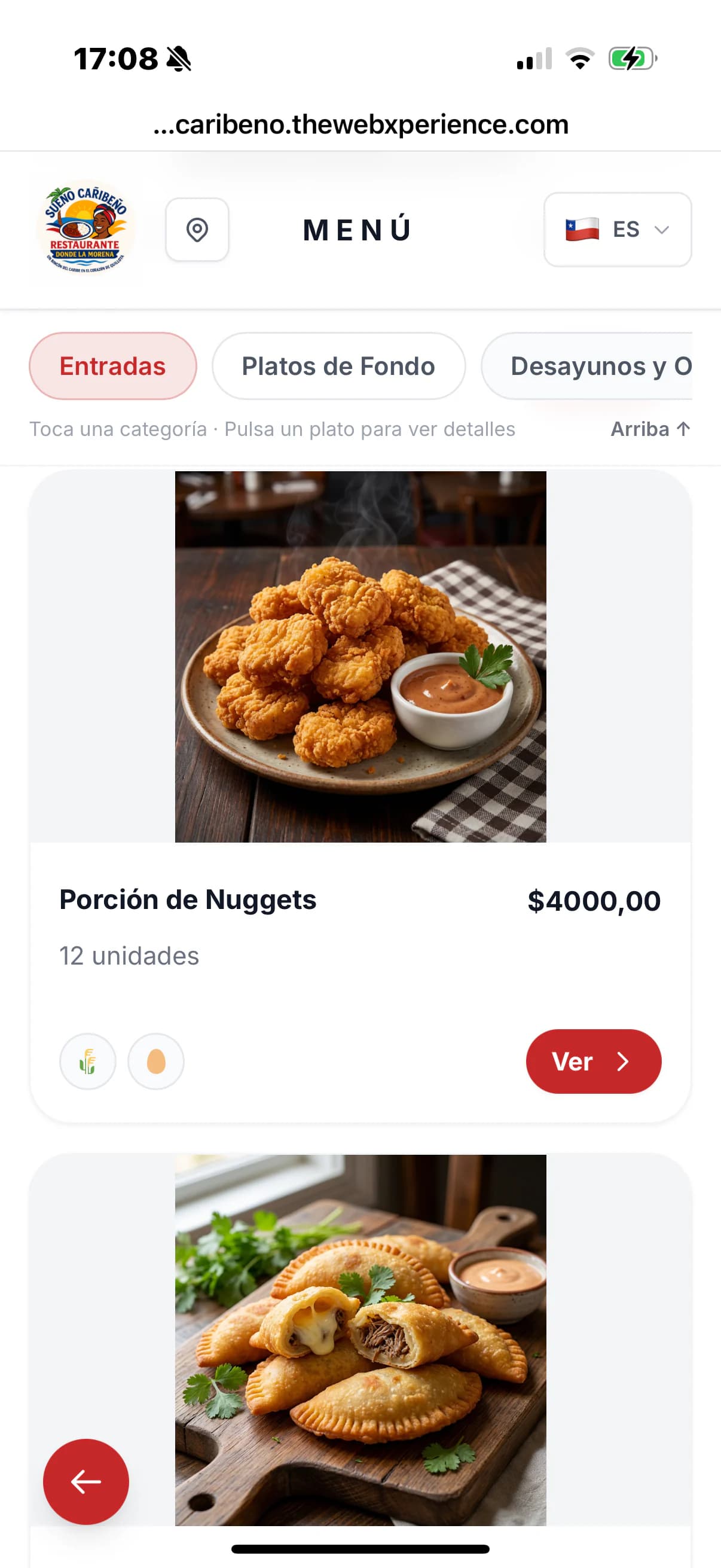 Captura real de un menú digital de restaurante en Chile creado con TheWebXperience