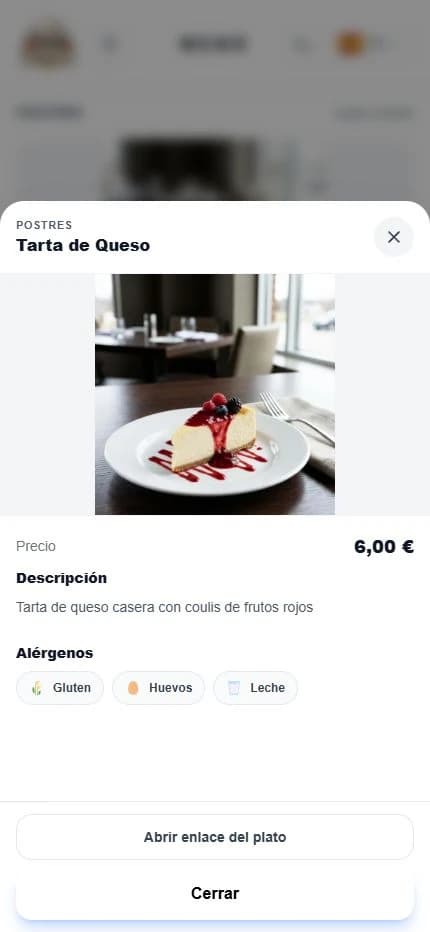 Ficha de tarta de queso con fotografía, precio de 6 euros, descripción y alérgenos