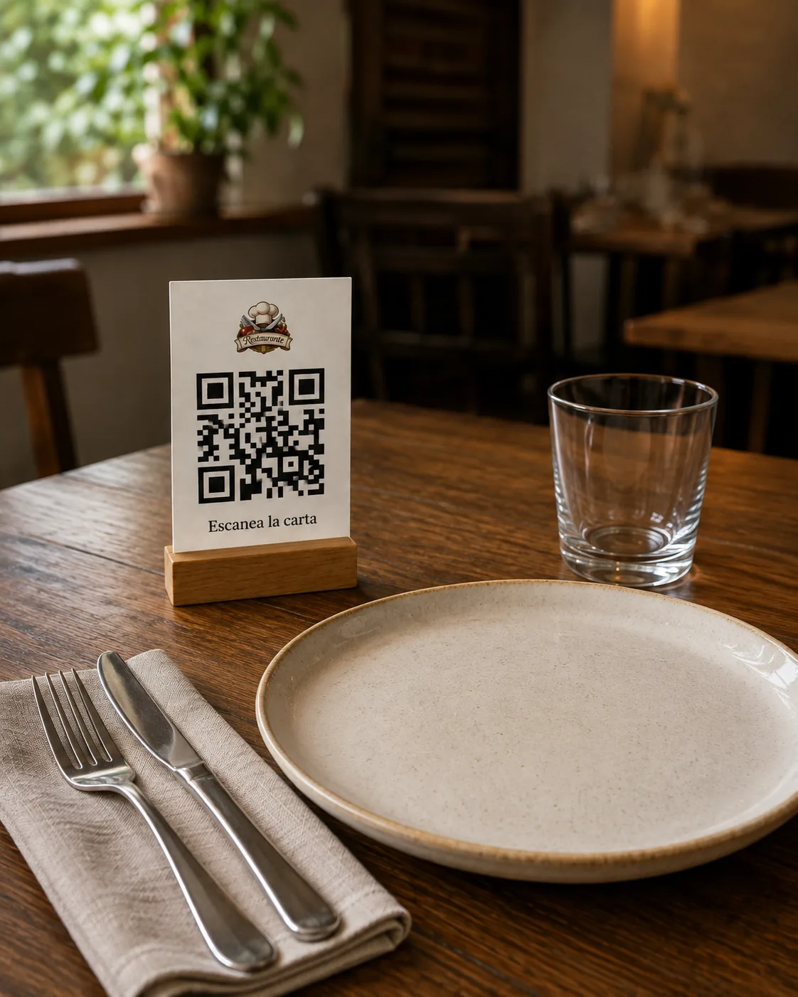 Mesa de restaurante preparada con vajilla, cubiertos y un soporte QR para consultar la carta
