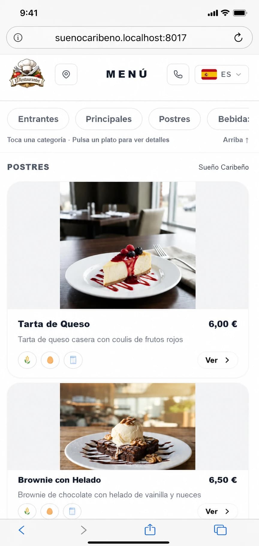 Carta digital de postres abierta en el navegador del móvil, con la barra de dirección visible