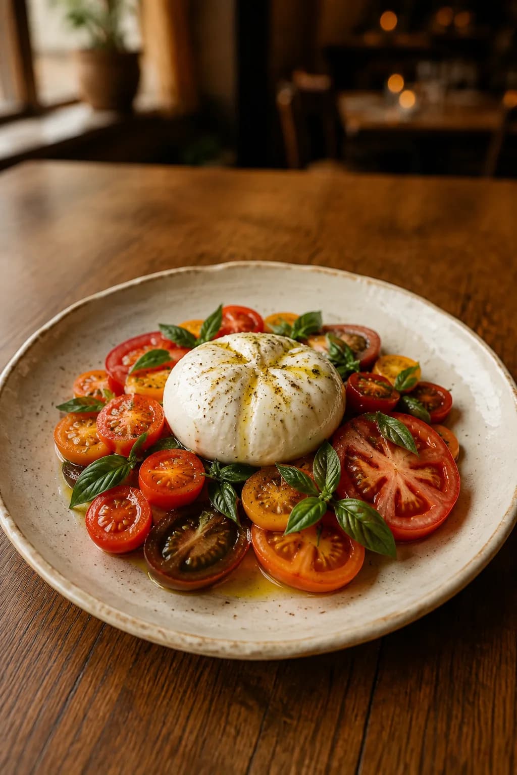 Burrata con tomates y albahaca sobre un plato de cerámica en una mesa de restaurante