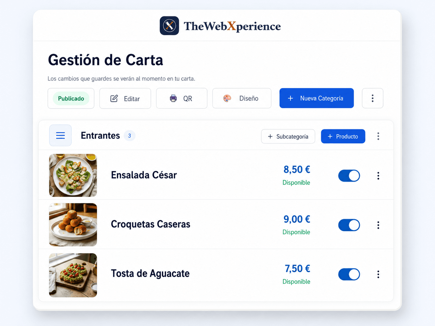 Ilustración del panel de gestión de TheWebXperience, basada en la aplicación real, con entrantes, precios y disponibilidad