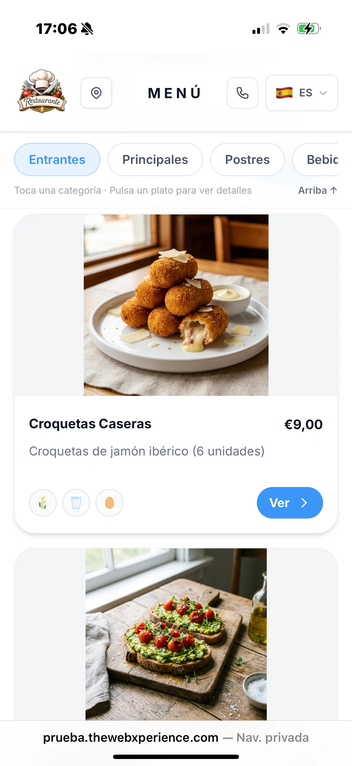 Carta digital de restaurante vista desde móvil